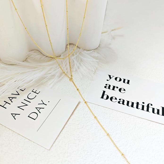 Gold Necklace for Women Trendy Lariat Y Necklace Dainty 14k Gold Plated/Silver Long Necklaces for Women Layered Beaded Drop Necklaces Simple Y-Shaped Chain Jewelry Gifts