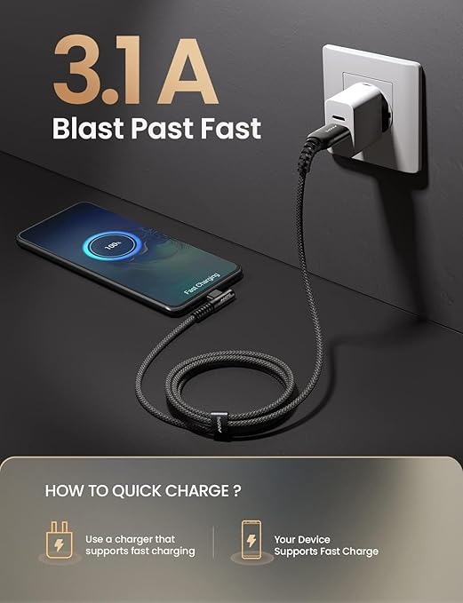 AINOPE Right Angle USB Type C Cable [3-Pack 3.3ft/6.6ft/10ft] 3.1A Fast Charging USB to USB C Cable, Nylon Braided USB C Charging Cable Compatible with Galaxy S21+ Ultra, iPad mini/Air/Pro, Pixel 6X