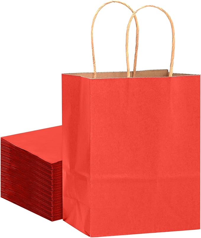 qiqee Large Kraft Paper Bags with Handles 13"x10"x5" 32 pcs Gift Paper Bag Red Solid Color Bags（Large Size）