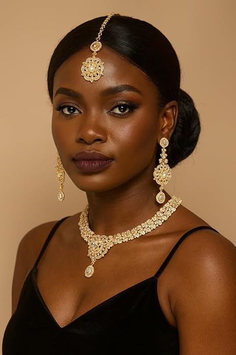Touchstone Indian jewelry sets for women gold wedding tikka necklace set guest costume fancy bridal jewellery rhinestone crystal elegant formal prom evening wear dainty accessories