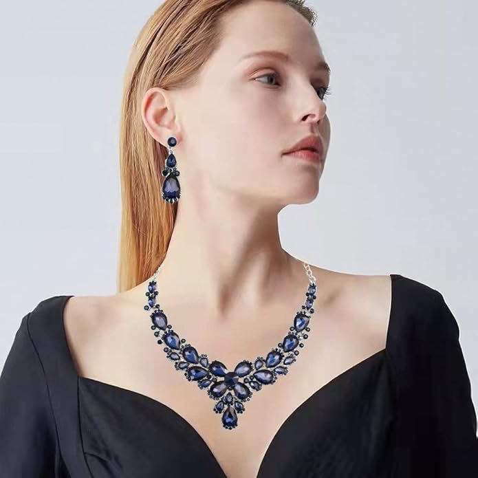 Women's Wedding Bridal Austrian Crystal Glass Teardrop Statement Necklace Dangle Earrings Bracelet Ring Wedding Party Jewelry Set for Bridal Bridesmaid