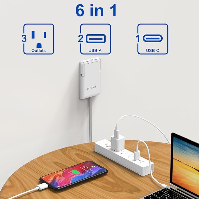 6FT Ultra-Thin Flat Plug Power Strip with 3 Outlets & 3 USB Ports | Child & Pet-Safe, 1625W, Wall-Mounted Cord Organizer, Universal Size Outlet & Plug Concealer with Cord Clips(UL Listed)