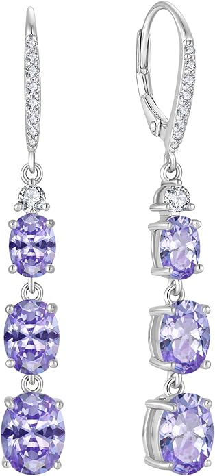 Women 925 Sterling Silver Birthstone 3-stone Leverback Drop Dangle Earrings 5A Cubic Zirconia Jewelry for Her