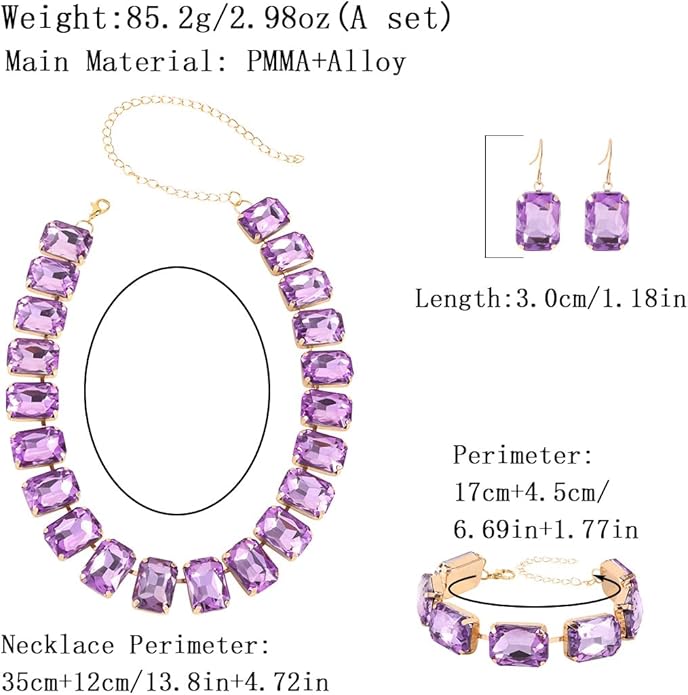 KOSMOS-LI Rectangle Faux Crystal Jewelry Sets Includ Necklace Bracelet Earrings For Women Stocking Stuffers