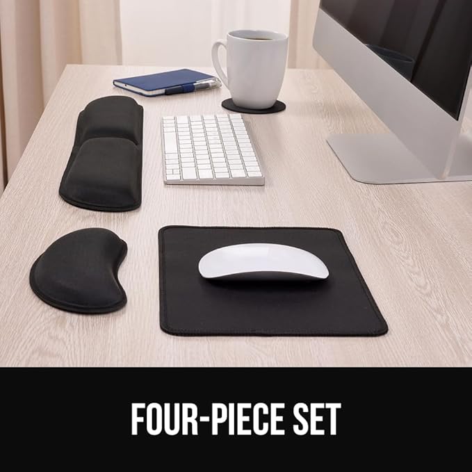 GORILLA GRIP Silky Memory Foam Keyboard Wrist Rest and Mouse Pad for Computer, Ergonomic Design Typing Support, Desk Office Supplies, Hand & Arm Mousepad Cushion and Coaster, 4 Piece Set, Black