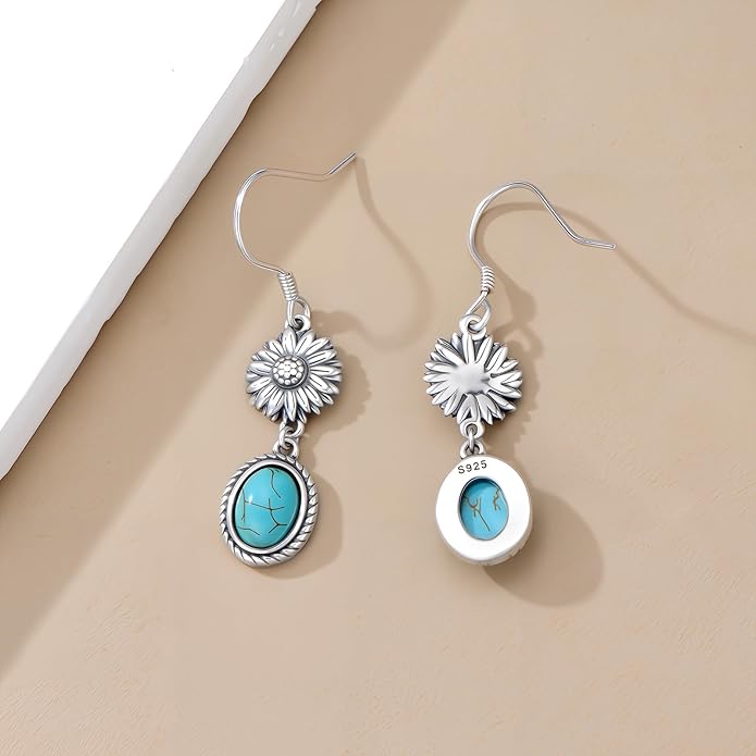 Natural Turquoise Sunflower Earrings 925 Sterling Silver Hook Western Earrings for Women You are my Sunshine Vintage Boho Jewelry Gifts for Her