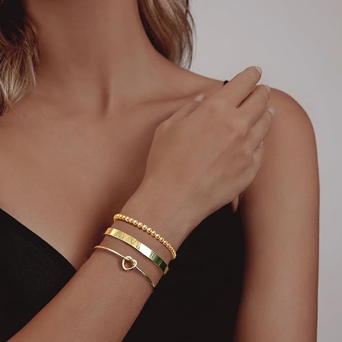 Gold Bracelets for Women 18k Gold Plated Bracelet Stack Bangle Cuff Bracelet Set for Women Non Tarnish Beaded/Paperclip/Cuban Link Chain Bracelets Jewelry for Women Trendy