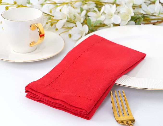 Blue Needles Set of 6 Hemstitch Linen Napkins 100% Cotton Red Cloth Dinner Napkins 18x18 inches, Soft, Reusable, Absorbent, Washable, Ideal for Fall Thanksgiving Events, Parties & Everyday Use