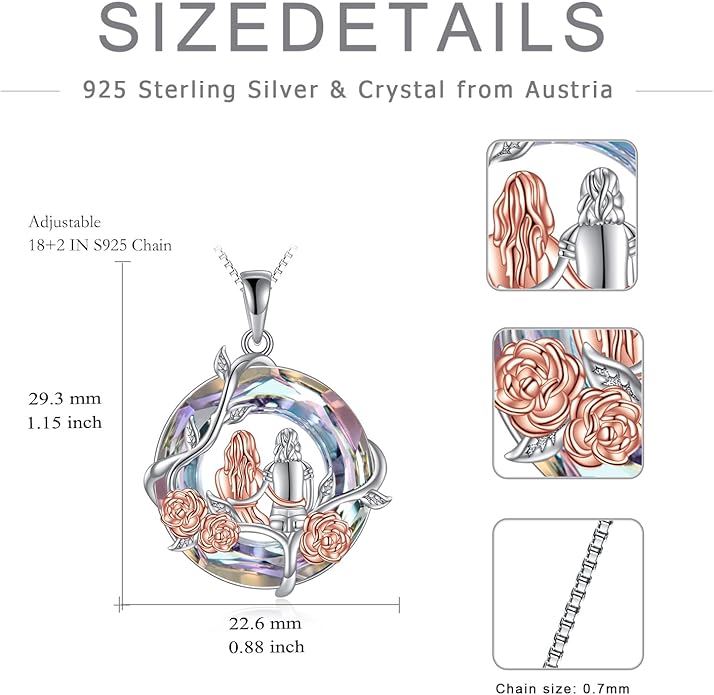 TOUPOP Sisters Gifts from Sister Necklace Sterling Silver Rose Flower with Crystal Jewelry Valentines Day Birthday Gifts for Women Best Friend Friendship