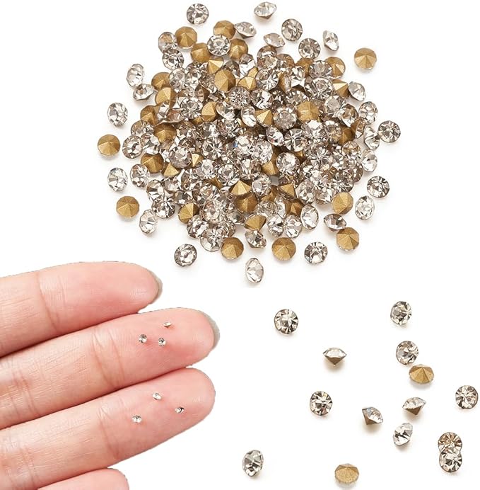 Fashewelry 2mm Pointed Back Clear Glass Rhinestone 1440Pcs Faceted Diamond Loose Stone with Golden Back Mini Crystal Diamante Gems for Nail Art Craft Replacing Jewelry