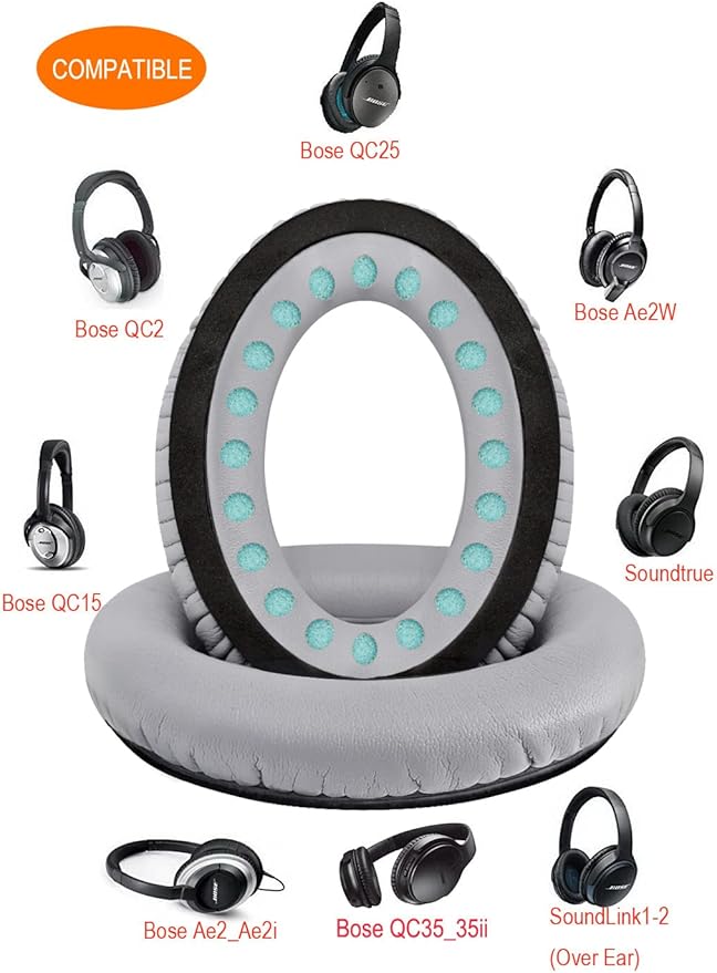 QOQOON Professional Headphone Replacement Ear Pads for Bose QuietComfort 35 QC 2 15 25 Earpads Cushion for QC2 QC15 QC25 SoundTrue SoundLink Around-Ear Headphones Ear Pads with Memory Foam (Grey)