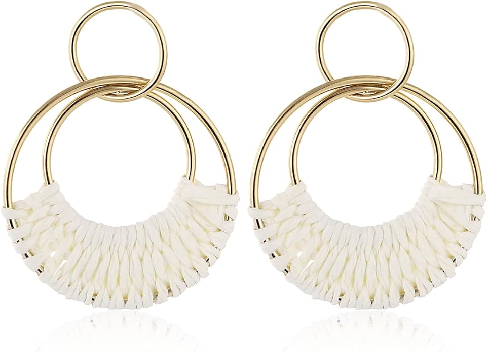 Handmade Raffia Hoop Earrings Statement Tropical Bohemian Straw Dangle Earrings Natural Rattan Vacation Style Round Earrings for Women Summer Beach Party Essential Jewelry
