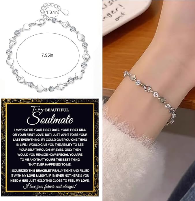 To My Soulmate Bracelet for Women, Heart Chain Bracelet with Shiny Stones, Perfect Birthday or Anniversary Christmas Gift for Soulmate with Message Card and Gift Box