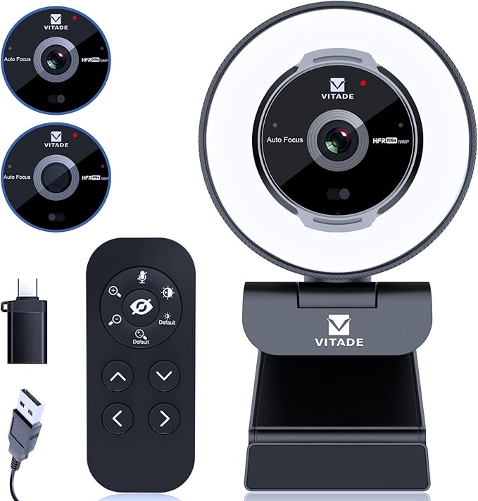 Zoomable Webcam with Remote Control, 1080P 60FPS Streaming with Ring Light and Microphone, Pro USB Webcam with 5X Digital Zoom and Privacy Cover for Zoom/Skype/Teams/PC/Laptop/Mac