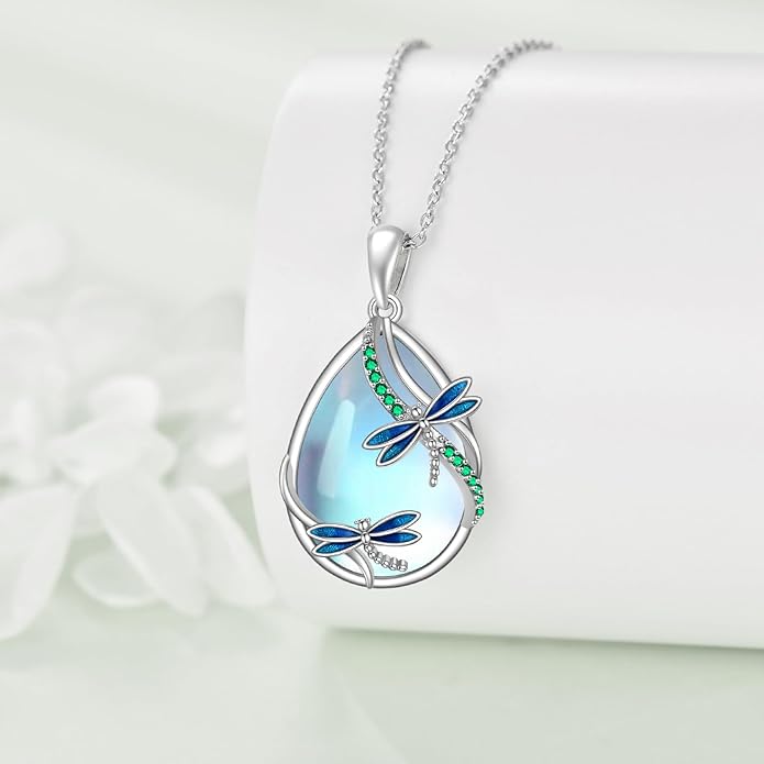 KQF Dragonfly/Butterlfy/Cat/Jellyfish/Bunny/Axolotl/Bee/Mermaid/Hummingbird/Elephant Necklace for Women Sterling Silver Moonstone Pendant Necklace Dragonfly Jewelry Gifts for Women