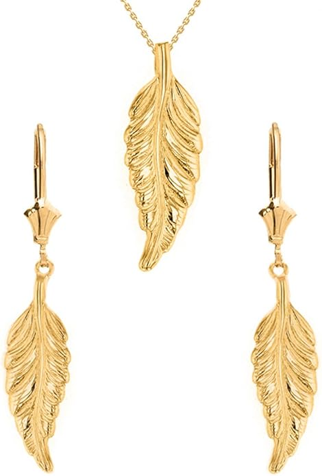 Solid 14k Yellow Gold Bohemia Leaf Feather Necklace and Earring Set