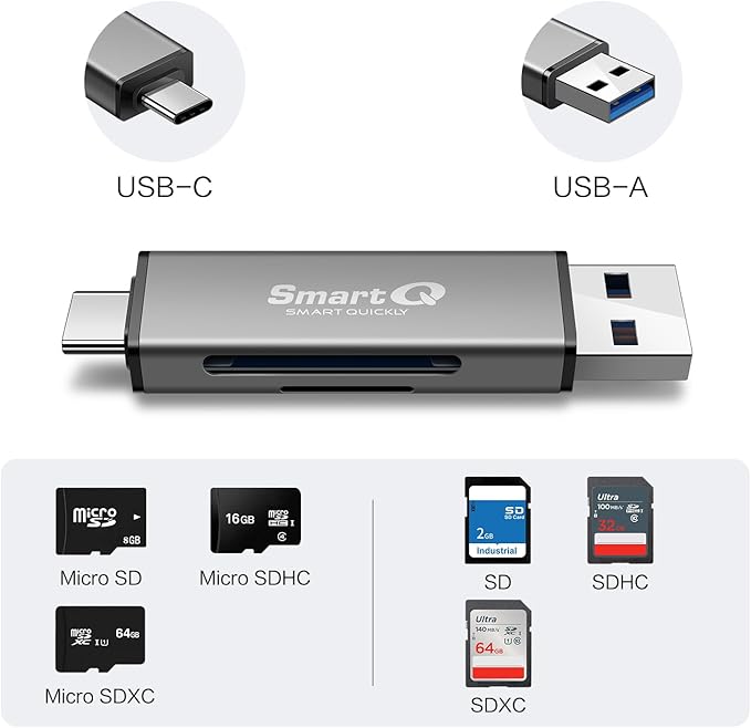 SmartQ C350 USB C sd card reader and USB 3.0 Super Speed Memory Card adapter for MicroSDXC and SDHC Card, SD, SDXC, SDHC, SD Cards, Works for Windows, Mac OS X, Android Devices, OTG Adapter