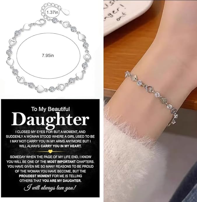 To My Daughter Bracelet, Silver Heart Chain Bracelet with Shiny Stones, Perfect Birthday or Graduation Christmas Gift for Daughter with Message Card and Gift Box
