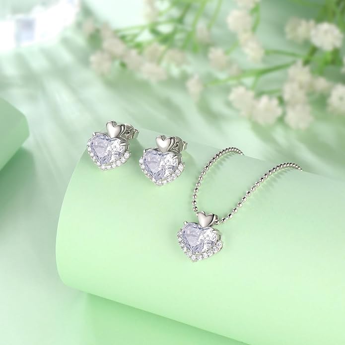 Love Heart Necklaces and Earrings with Rose Cut Birthstone Silver Plated Elegant Jewelry Set for Women CS0002
