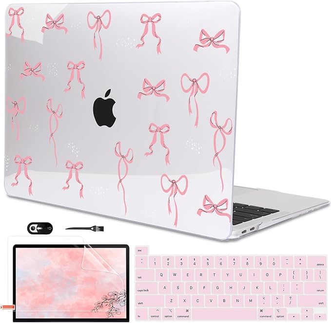 for MacBook Pro 13 Inch Case 2022 M2 2020 2021 A2338 M1 A2251 A2289 with Touch Bar & Touch ID, Pattern Plastic Hard Case Keyboard Cover Screen Protector Webcam Cover Brush, Pink Bowknot