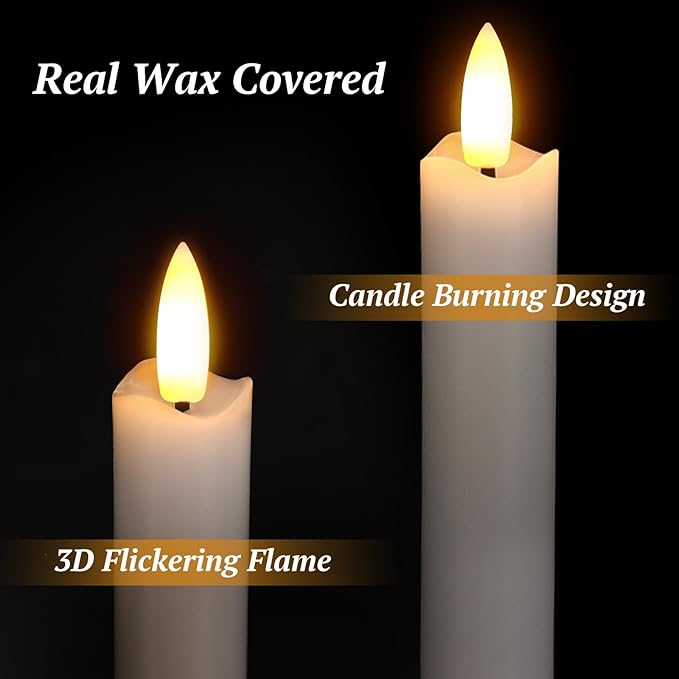 Flameless Candles with Remote: 8 Pack Battery Operated Window Candles 9.6" Real Wax LED Flickering Flameless Taper Candles 3D Wick Lights Halloween Christmas Wedding Birthday Party Decorations (White)