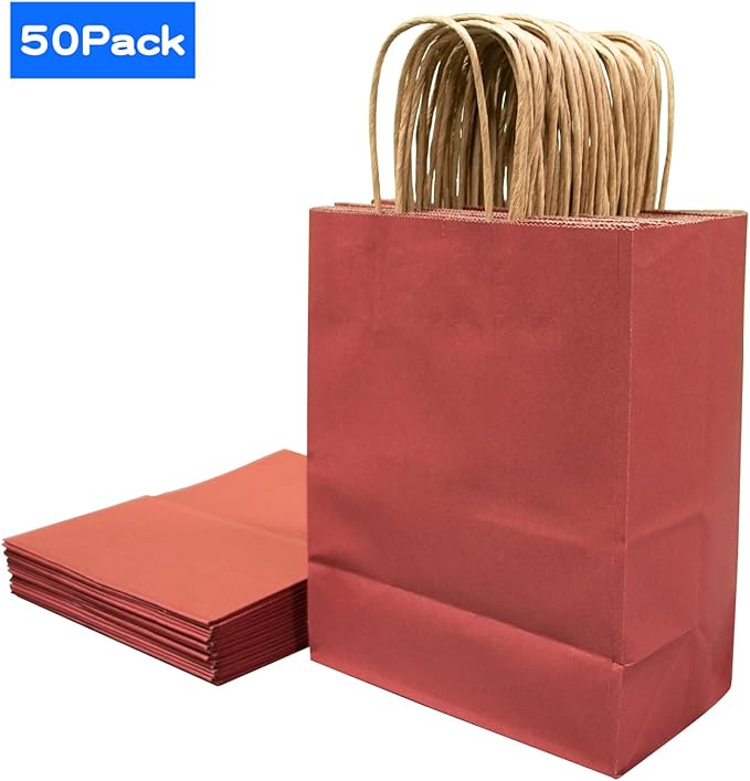 FACEBAG 50-Pack Red Paper Bags with Handles Bulk,8x4.25x10.5 Inch Gift Bags, Red Kraft Paper Bags, Applicable to Retail, Party, Shopping, Festival，Commercial and Wedding Events，Reusable & Durable