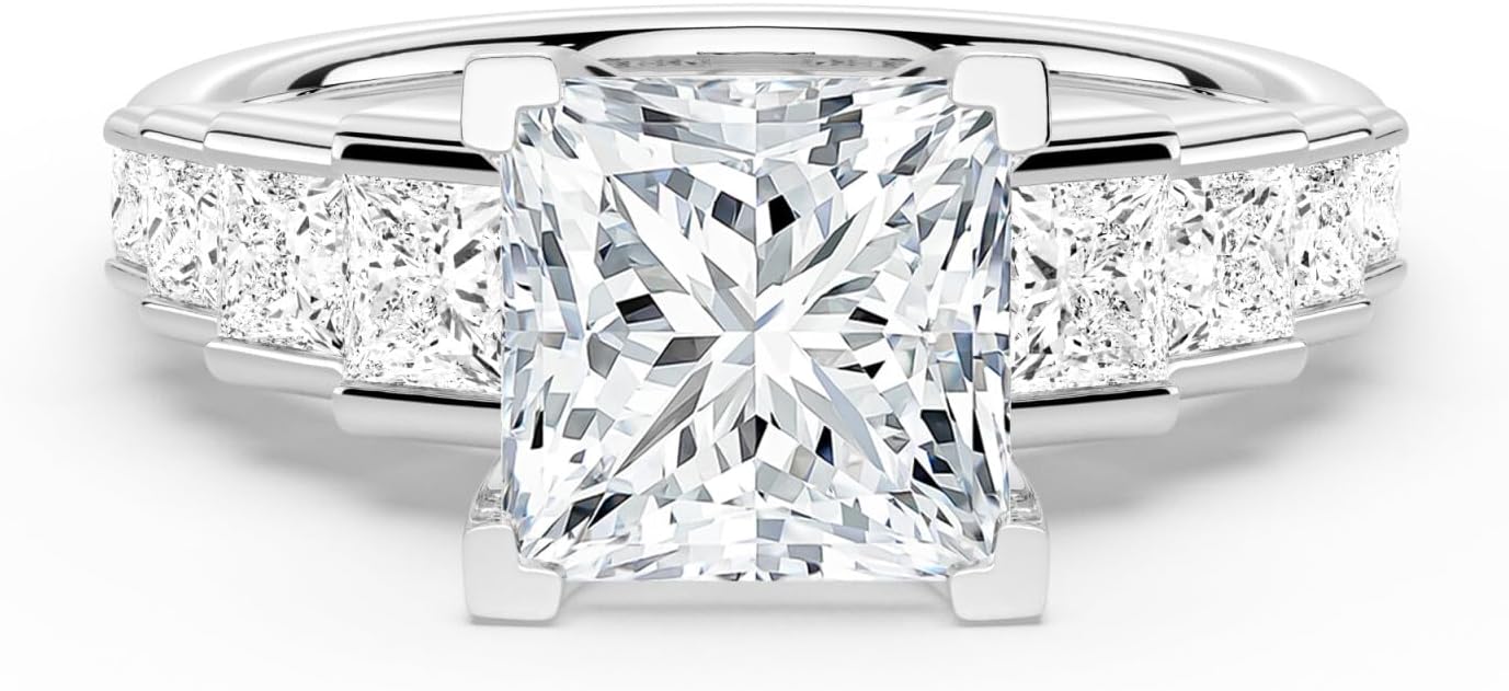 MSBLUE Moissanite Engagement Ring, Staircase Princess Cut, 14K Gold Vermeil, Wedding Promise Ring, Valentines Day Gifts for Her