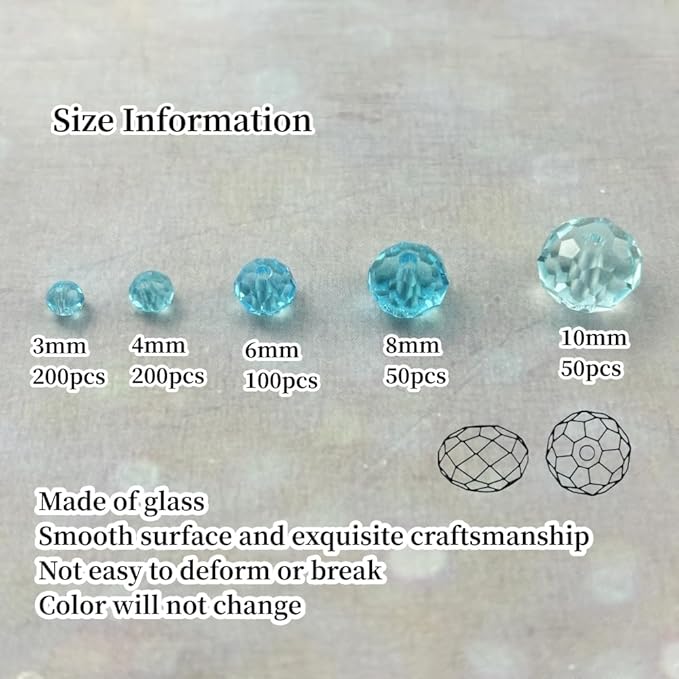 600pcs Crystal Glass Beads 3mm 4mm 6mm 8mm 10mm Rondelle Faceted Crystal Beads Spacer Beads for Necklace Bracelet Earrings DIY Jewelry Crafts Making Supplies(Lake Blue)