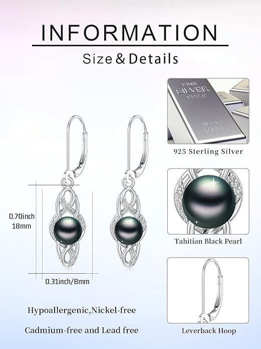 Tahitian Black Pearl Earrings Gifts for Women Wife Celtic Dangle Drop Earrings Wedding Birthday Anniversary Jewelry Valentines Christmas Day Gifts 925 Sterling Silver