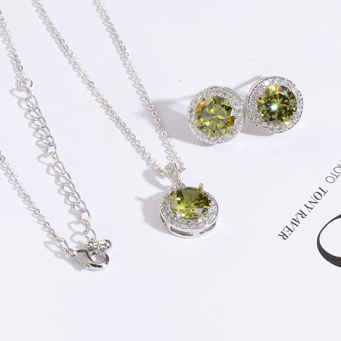 Bridal Crystal Jewelry Set - Sterling Silver Round Cubic Zirconia CZ Rhinestone Halo Birthstone Pendant Necklace Stud Earrings Set for Wedding Bride Bridesmaids Birthday Gift