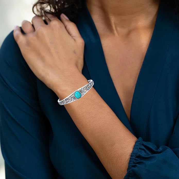 Genuine Turquoise Cuff Bracelet for Women, Sterling Silver Western Vintage Floral Bangle Native American Jewelry, For 6.5-7.5 Inch Wrists