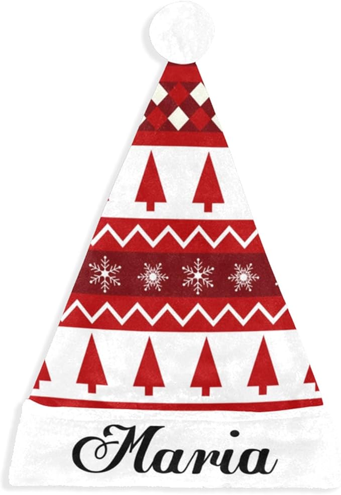 Personalized Funny Christmas Hat for Adults Kids Family, Red Patterned Custom Name Santa Hat, Xmas New Year Holiday Party Gift Festive Supplies Decorations
