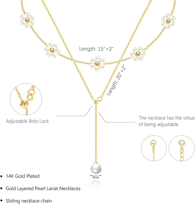 OGD Gold Pearl Necklaces Set for Women 14K Gold Plated Dainty Layered Pearl Cute Daisy Pearl Choker Gold Necklace Gifts for Women Gold Trendy Jewelry Gifts