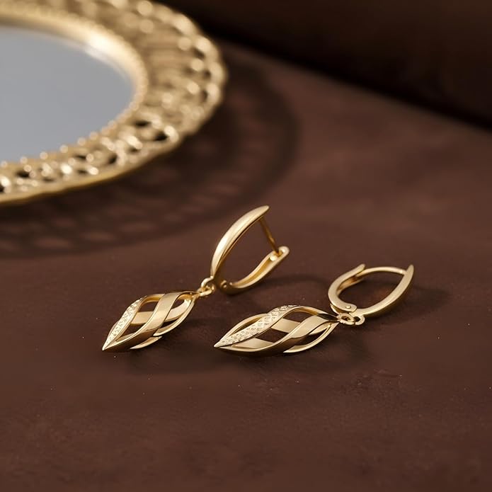 Gold Hoop Earrings 14K Gold Hoop Earrings for Women Dangle Drop Earring for Women Rhombic Twisted Hollow Shape Gold Drop Earring for Womens Dangling 40mm