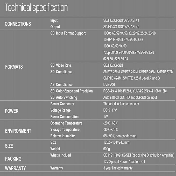 AVMATRIX SDI Splitter 1×9 Distribution Amplifier 3G/ HD/SD Supported DVB-ASI Formats, Re-clocking, Equalization, Signal Retiming 1080p @60hz (SD1191)