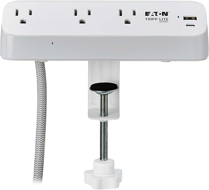 Eaton Tripp Lite Series Desk Clamp Power Strip Surge Protector, 3-Outlets, USB-A & USB-C Charging Ports, 900 Joules, 8ft Braided Flat Extension Cord, Lifetime Manufacturer's Warranty (TLP308U20CLAMP)