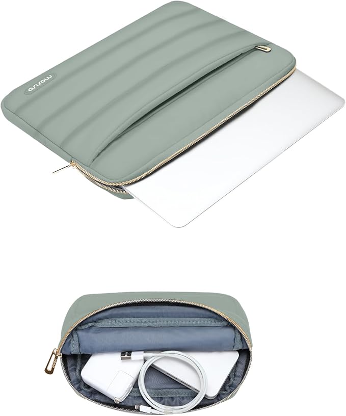 MOSISO 13.3 inch Laptop Case, 13-13.3 inch Puffy Laptop Sleeve Compatible with MacBook Air 13 13.6 M4 M3 M2 M1/Pro 13/Pro 14, HP Dell ASUS Lenovo,Polyester Horizontal Bag with Small Case,Antique Green