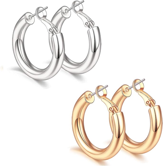 sovesi Chunky Gold Hoop Earrings for Women with 925 Sterling Silver Post, 14K Gold Plated Small Thick Gold Hoops Earrings for Women