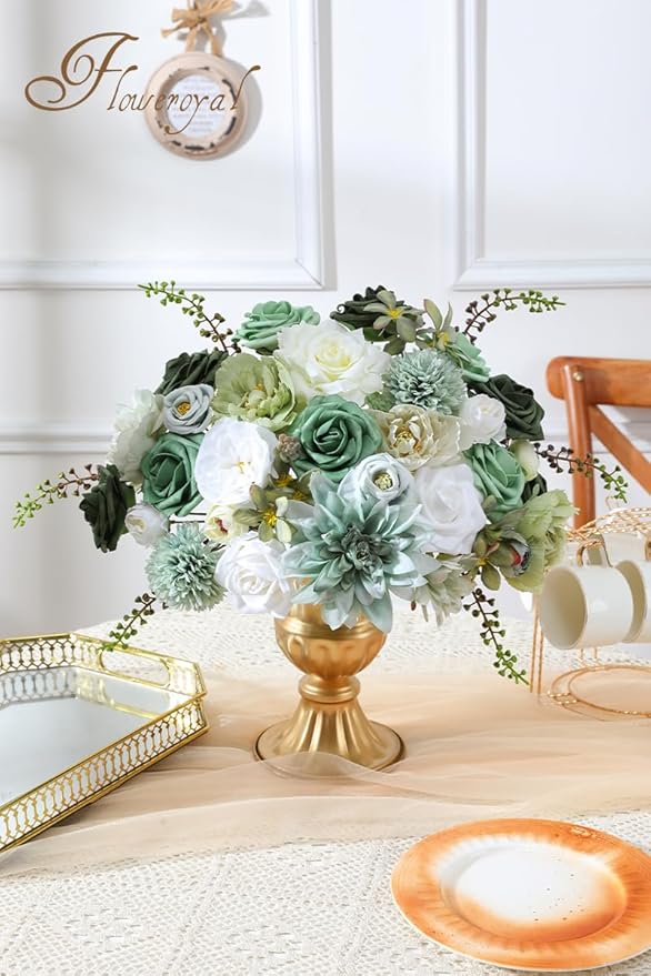 Floweroyal Artificial Flowers Combo Green Flowers Mix Silk Flowers Dahlia Roses with Stems for DIY Wedding Bridal Bouquets, Baby Shower, Floral Arrangement, Table Centerpieces, Home Decorations.