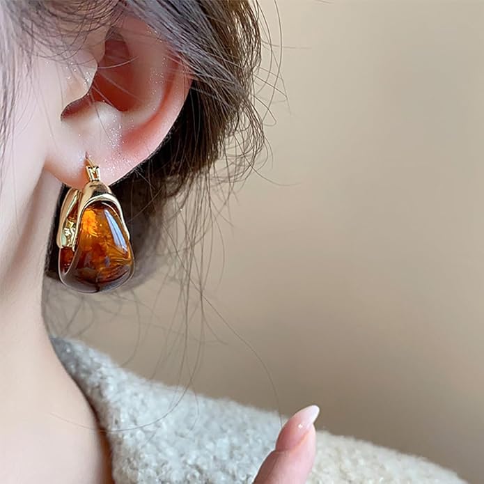 Brown 14k Gold Plated Amber Resin Hoop Earrings for Women Trendy, Retro Chunky Lightweight Hoop Drop Statement Jewelry Earrings for Party Wedding