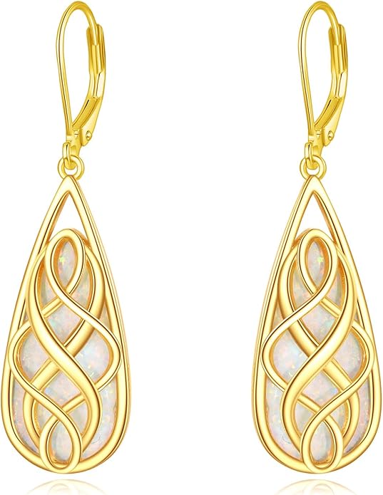 VONALA White Opal Celtic Knot Dangle Drop Earrings for Women 925 Sterling Silver Boho Chic Jewelry Gift for Women
