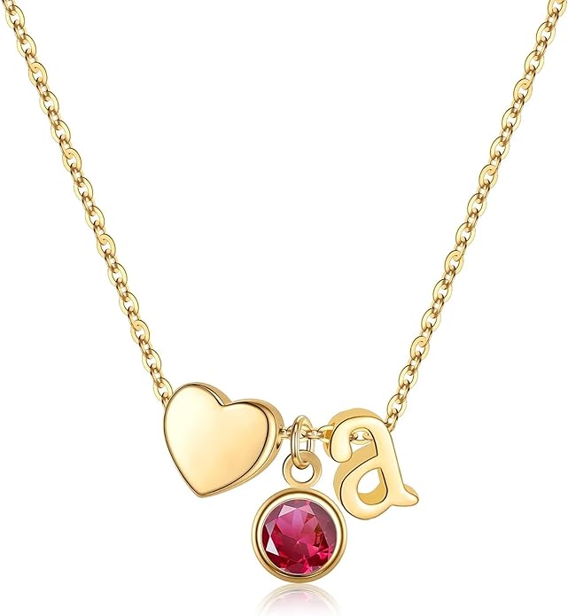 Ursilver Initial Birthstone Necklace for Women - Heart Initial Birthstone Pendant Necklace Personalized Gifts Birthday Gifts for Women