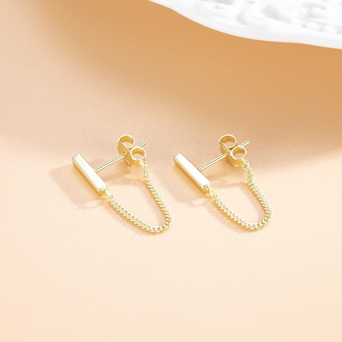Reffeer Solid 925 Sterling Silver Stud Earrings Minimalist Bar Earrings with Chain Dangle Earrings For Women