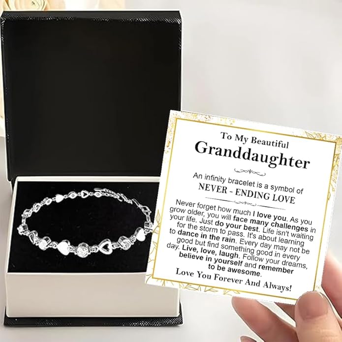To My Granddaughter Bracelet from Grandma and Grandpa, Heart Chain Bracelet with Shiny Stones, Perfect Birthday or Graduation Christmas Gift for Granddaughter with Message Card and Gift Box