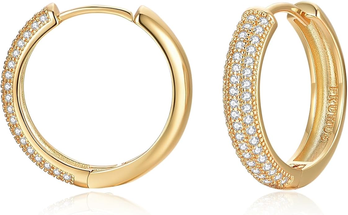 Gold Earrings for Women Girls,14K Gold Plated Hoop Earrings with 925 Sterling Silver Post Cubic Zirconia Stud Earring Huggie Hoops Earrings