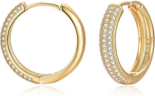 Gold Earrings for Women Girls,14K Gold Plated Hoop Earrings with 925 Sterling Silver Post Cubic Zirconia Stud Earring Huggie Hoops Earrings
