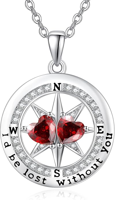Compass Necklace for Women, Exquisite S925 Valentines Day Anniversary Birthday Gifts for Wife Her Double Birthstone Pendant Jewelry ‘I'd be Lost Without You’