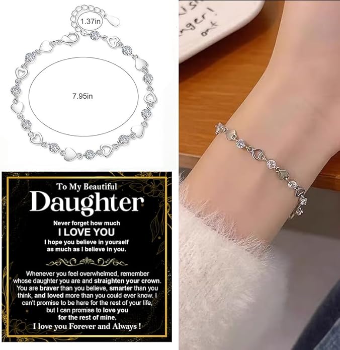 To My Daughter Bracelet, Silver Heart Chain Bracelet with Shiny Stones, Perfect Birthday or Graduation Christmas Gift for Daughter with Message Card and Gift Box