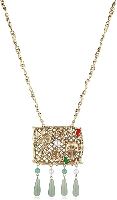 HZMAN Large Square Filigree Fringe Pendant Necklace for Women, Adjustable Statement Choker, Handmade Brass with Vintage Enamel, Bold Retro Jewelry Gift