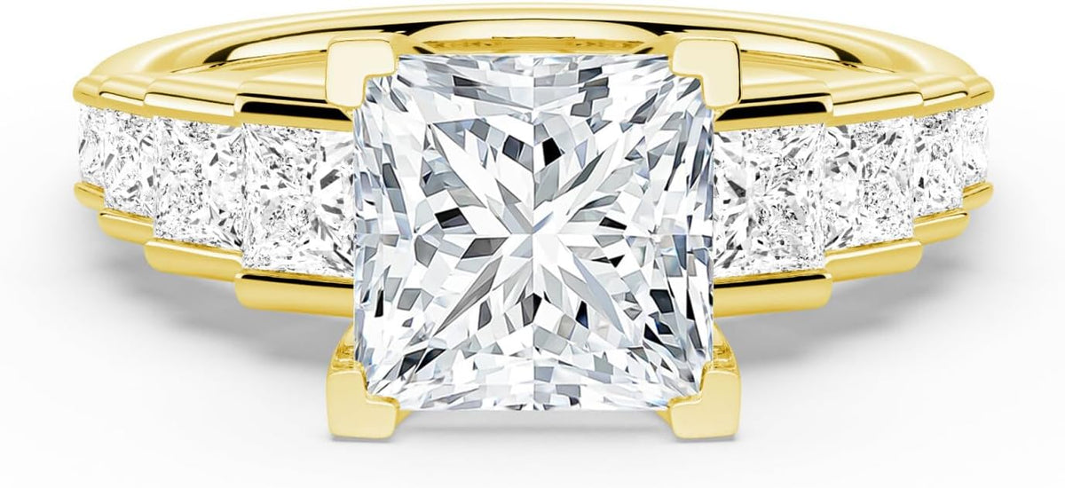 MSBLUE Moissanite Engagement Ring, Staircase Princess Cut, 14K Gold Vermeil, Wedding Promise Ring, Valentines Day Gifts for Her